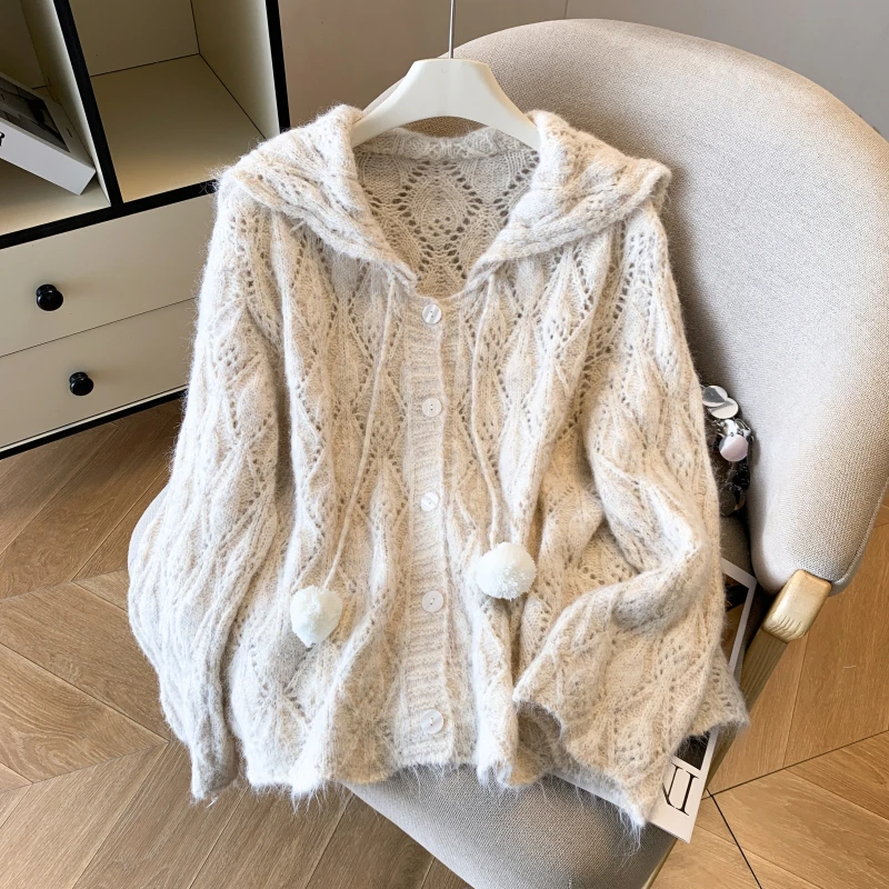 皇倩儿海军领毛衣外套女2025秋冬季新款百搭宽松慵懒小众针织开衫