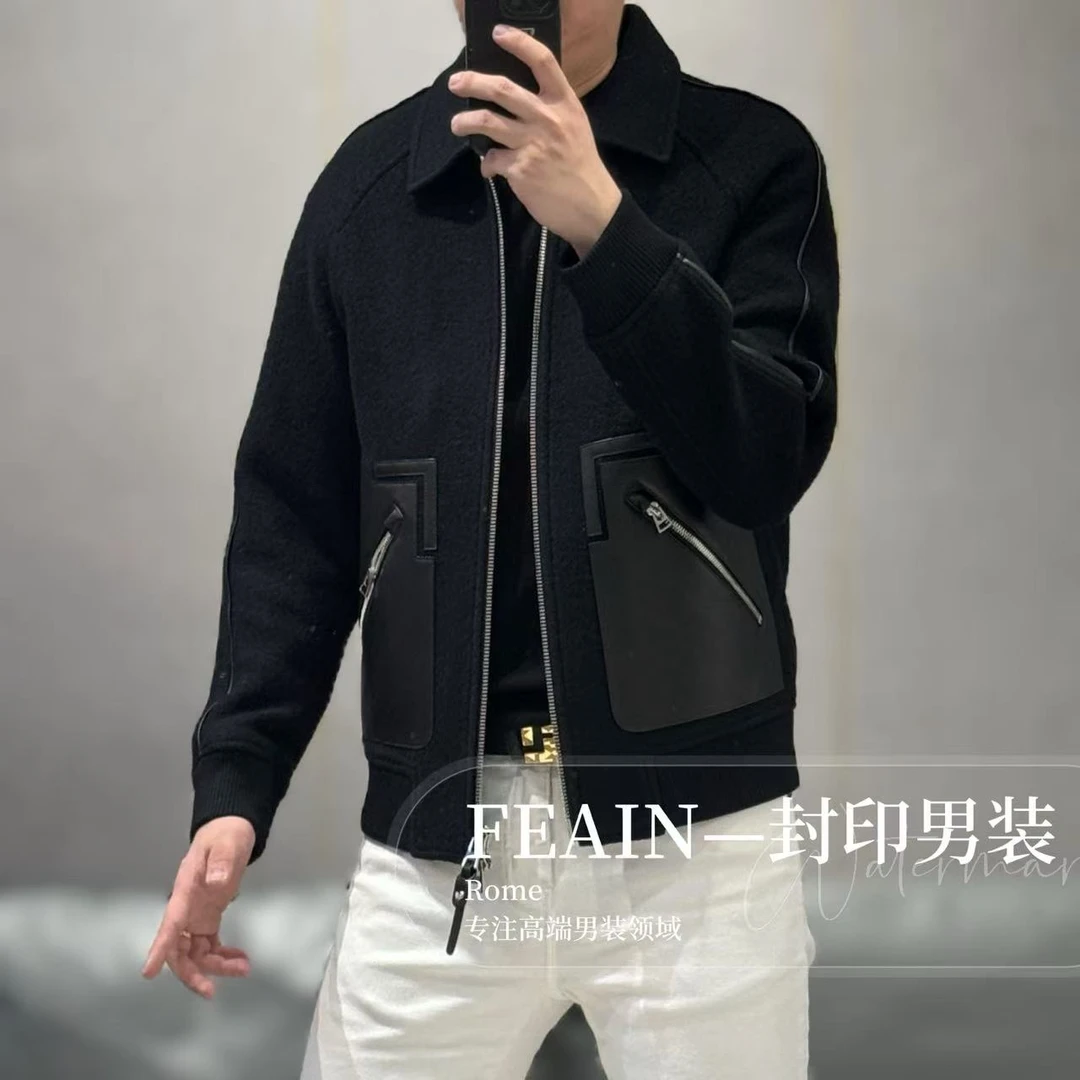 【羊皮羊毛】高端男士澳洲进口羊毛混纺真皮拼接夹克2J097