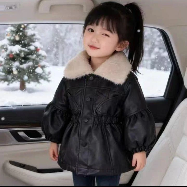 YeeHoO英氏【断码】2025冬季新款女童PU皮衣外套加绒中长款洋气防风