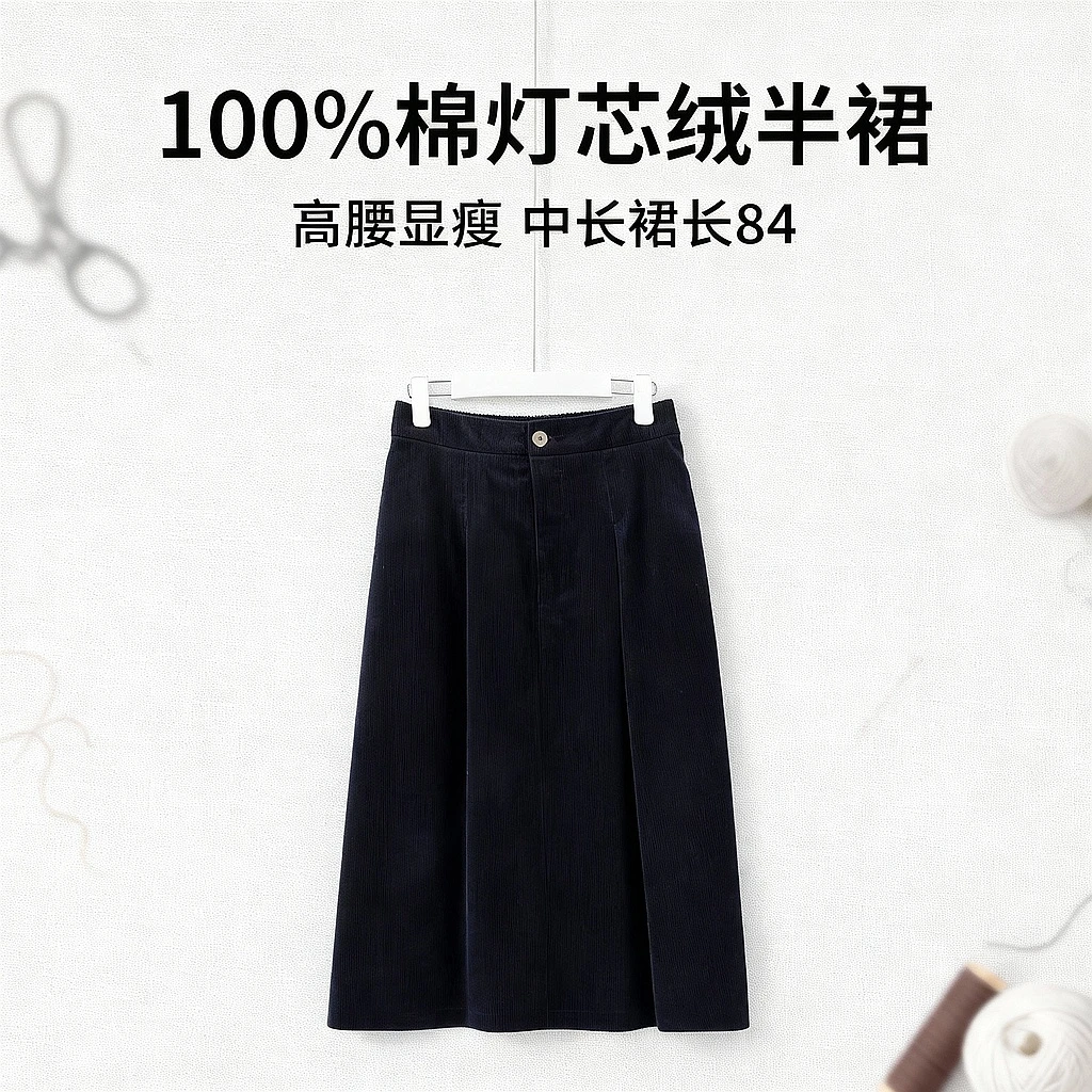 几里与麻 气质减龄高腰显瘦捏褶灯芯绒半身裙 裙长84 2091249