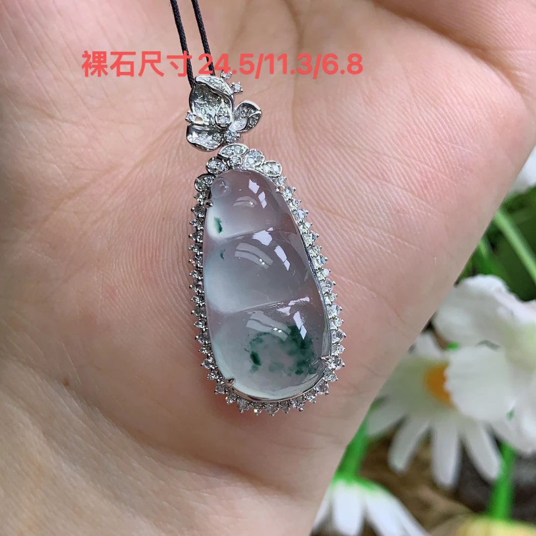 缅甸天然翡翠A货18k高冰玻起光飘花福豆吊坠奋尺寸35.4/15.2/10.6