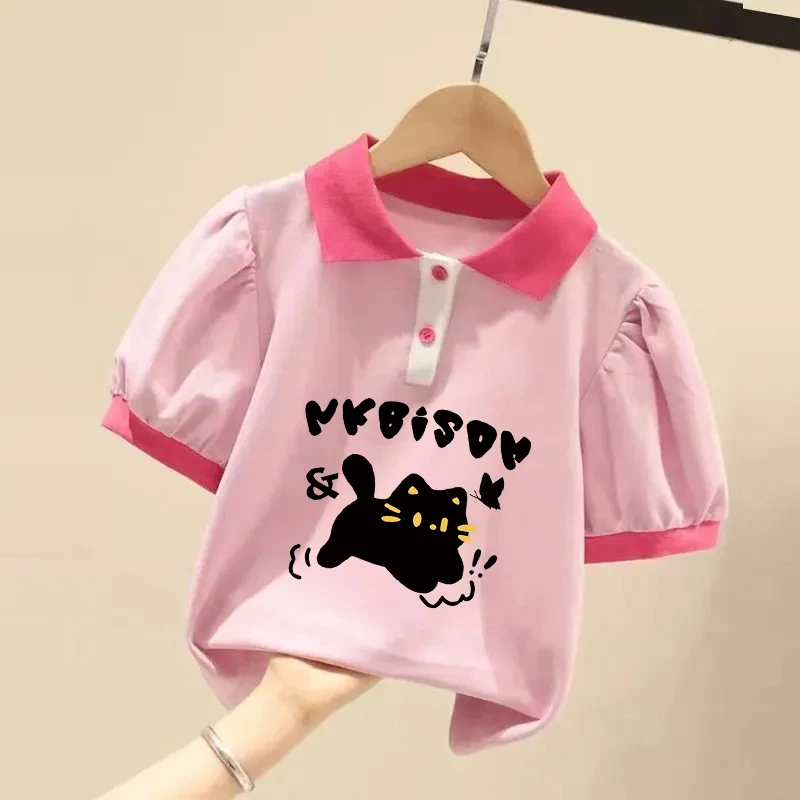 女孩黑色小猫POLO童装夏季纯棉儿童休闲短袖T恤女童翻领可爱半袖