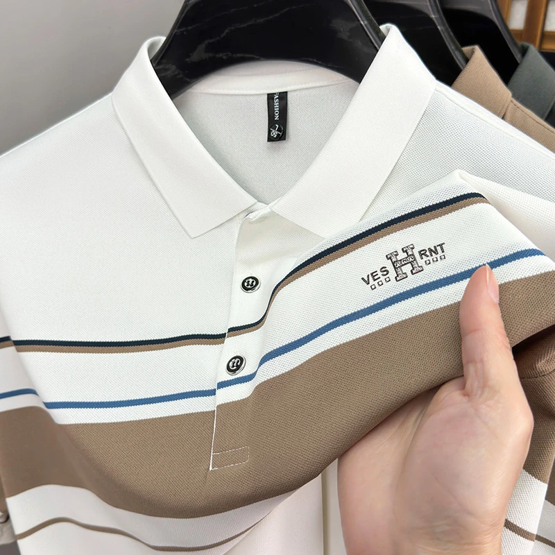 VIATEMSIARY夏季冰丝男士polo衫商务休闲中年翻领宽松条纹短袖t恤