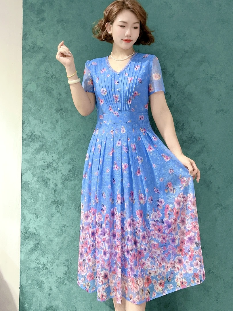 S 2521# 时尚洋气显白显瘦妈妈装连衣裙