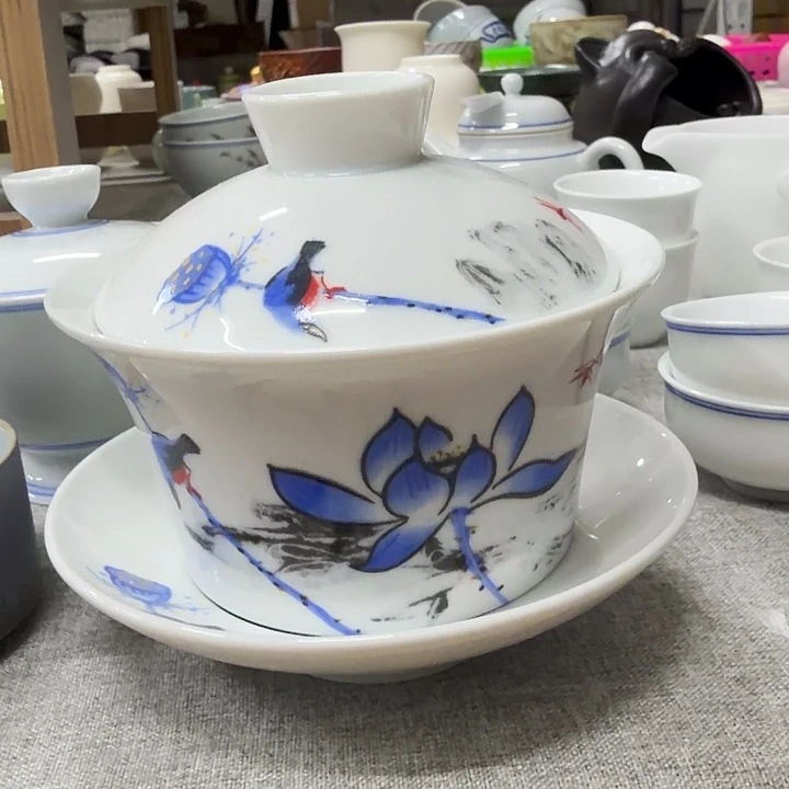 微瑕老物件大容量盖碗一套