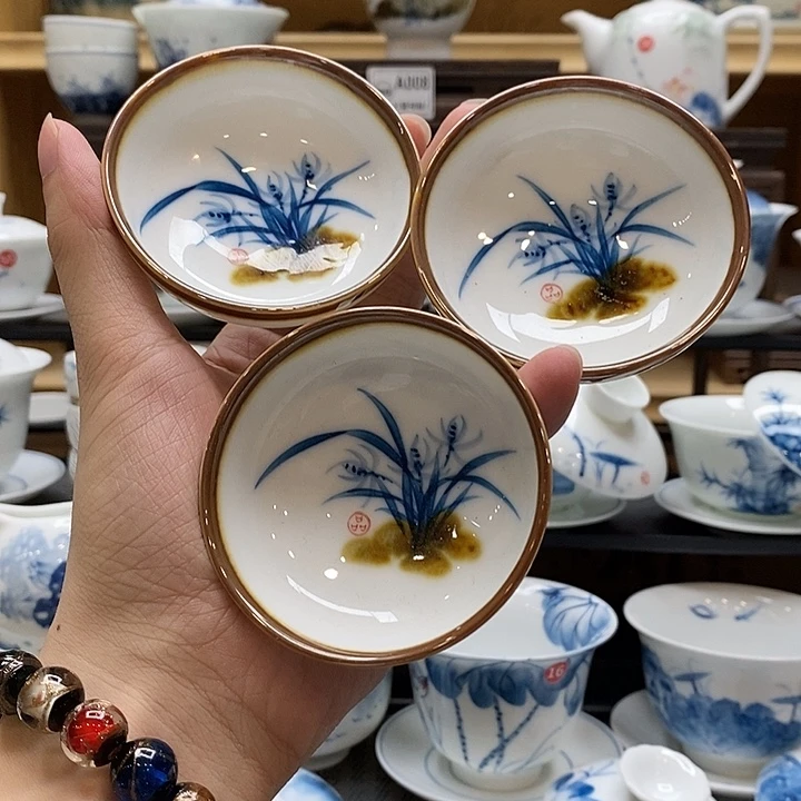 手绘兰花窑变工艺普洱杯3个装釉下彩微瑕福利款