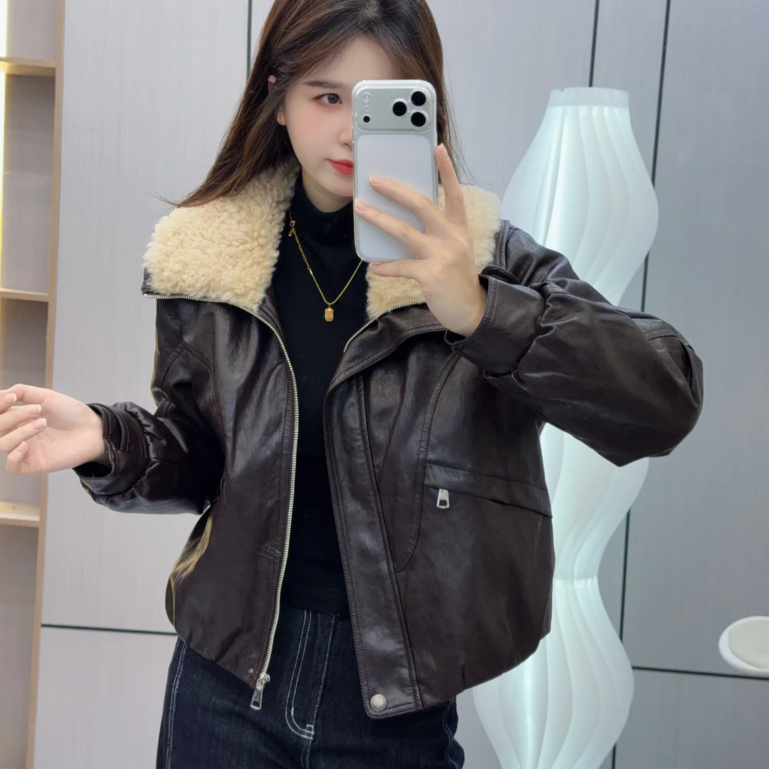7700 大翻领拉链款加绒加厚皮衣外套女