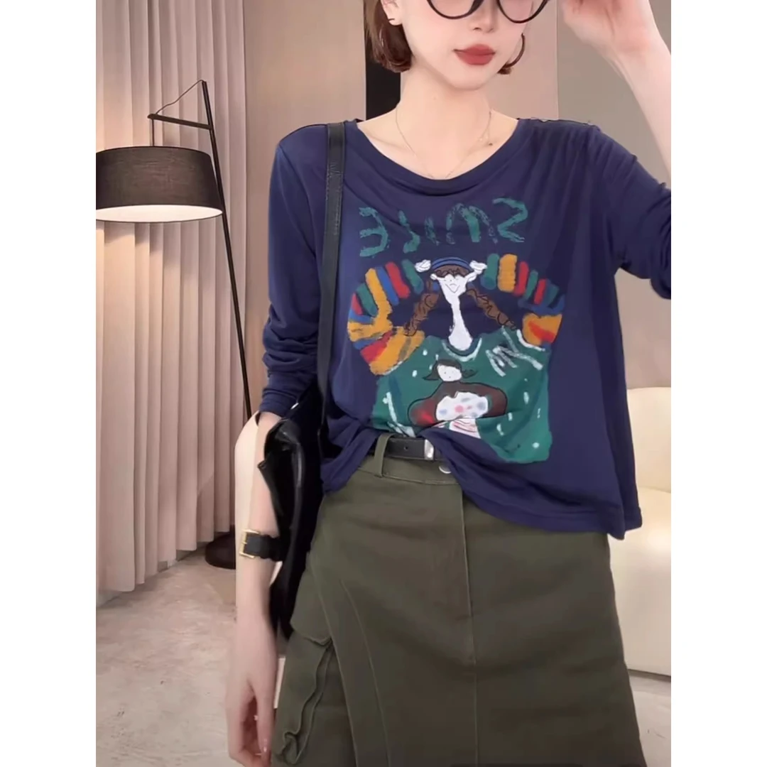 小众卡通涂鸦女孩印花防晒衫女2025夏季新款莱塞尔慵懒风长袖T恤