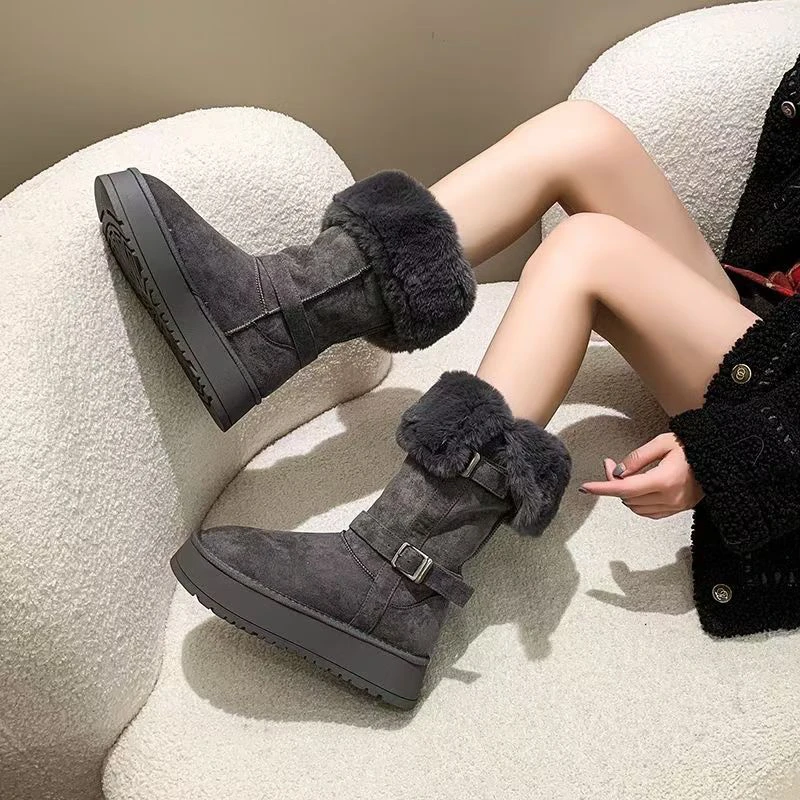 冬季皮带扣长筒保暖时尚雪地靴短筒加厚加绒筒靴短靴