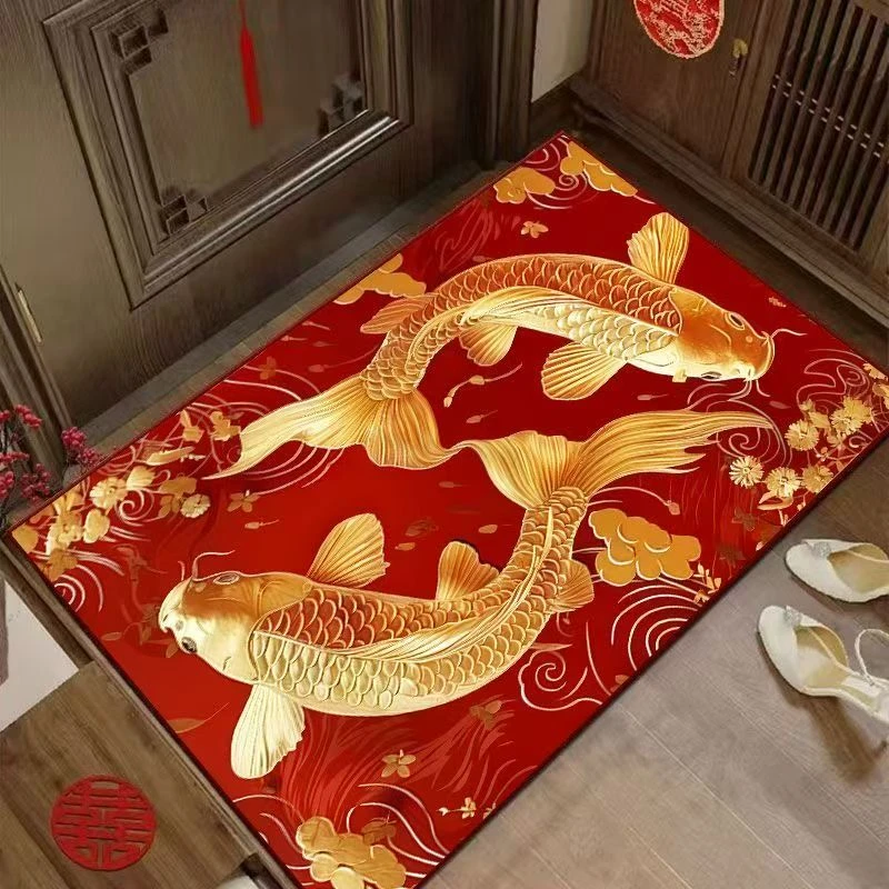 锦鲤纳福 门厅玄关地毯吸水地垫水晶绒家用入户门垫喜庆中式