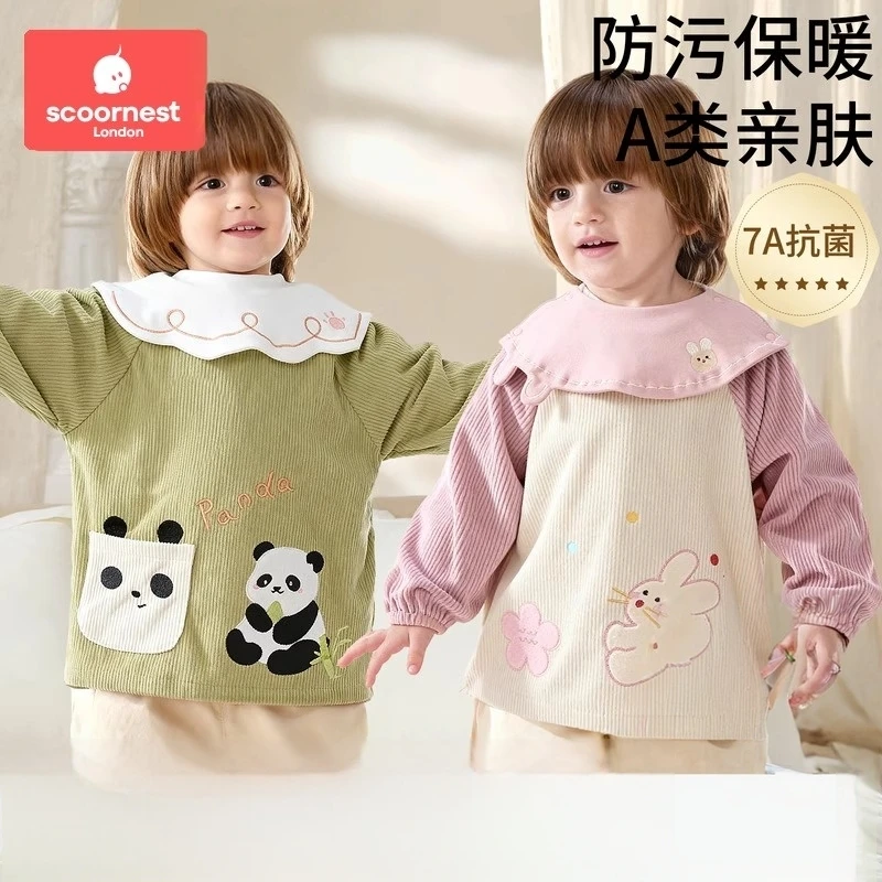 宝宝罩衣儿童灯芯绒围兜吃饭围裙男女防水防脏外出反穿衣秋冬新款