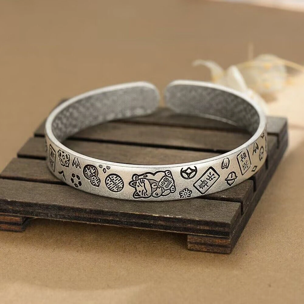 足银手镯 【3号】足银999.9复古平安喜乐吉言镯招财猫好运古风手镯