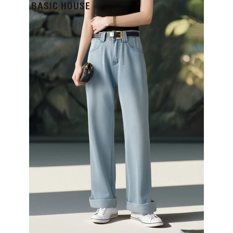 Basic House/百家好覆古蓝色牛仔裤女2025夏季薄款高腰宽松直筒裤