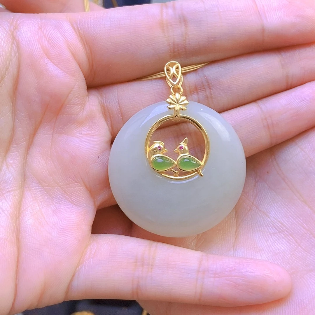 和田玉颈饰银S925镀金镶嵌