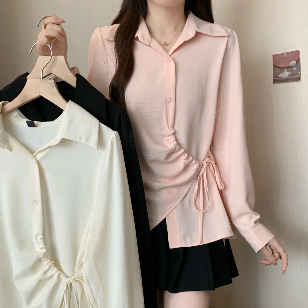 2025秋季新款胖mm大码女显瘦收腰不规则交叉衬衣设计感上衣63488