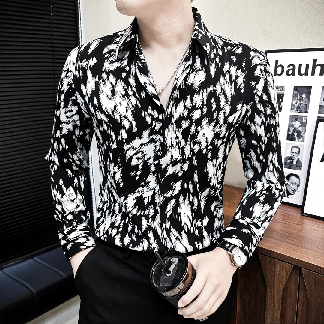 几何斑点花衬衣男款长袖秋季潮牌痞帅炸街男装古巴领个性男士衬衫