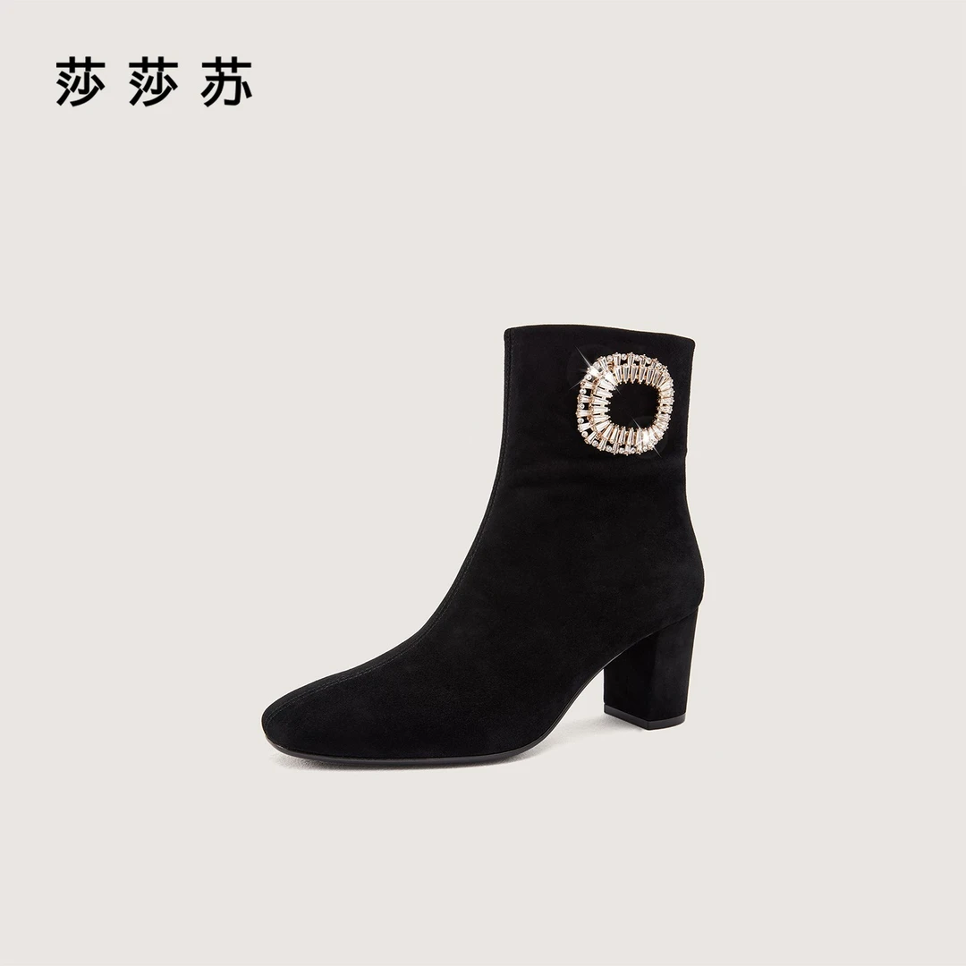 莎莎苏2025年冬季新款方糖钻方头高跟弹力羊绒时装靴女ZA65717-42