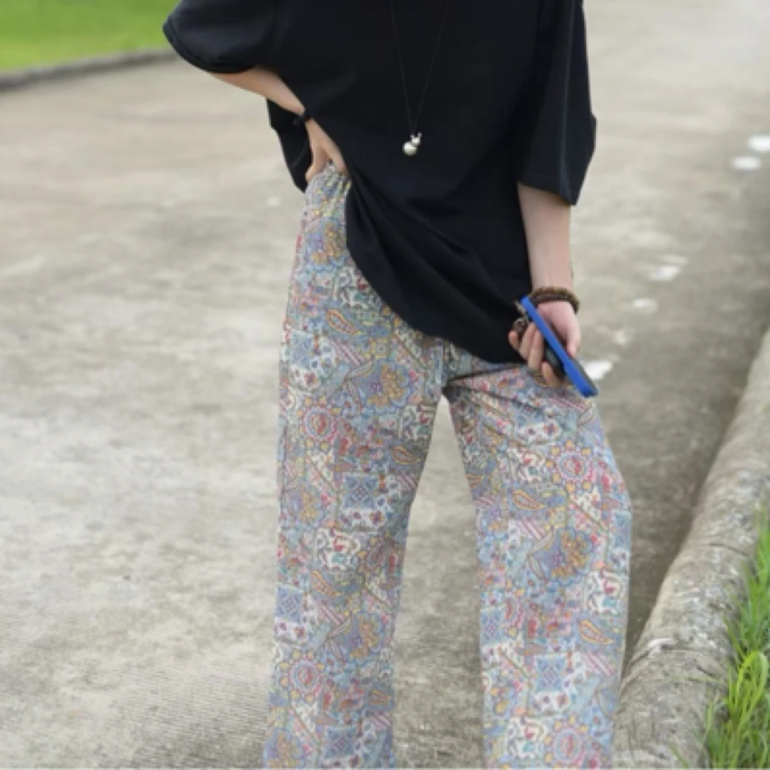 【秀秀新品】碎花松紧腰复古麻感九分休闲裤夏季