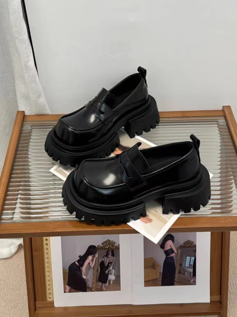 爆款百搭真皮复古一脚蹬厚底单鞋JK小皮鞋2025圆头洛克黑色乐福鞋