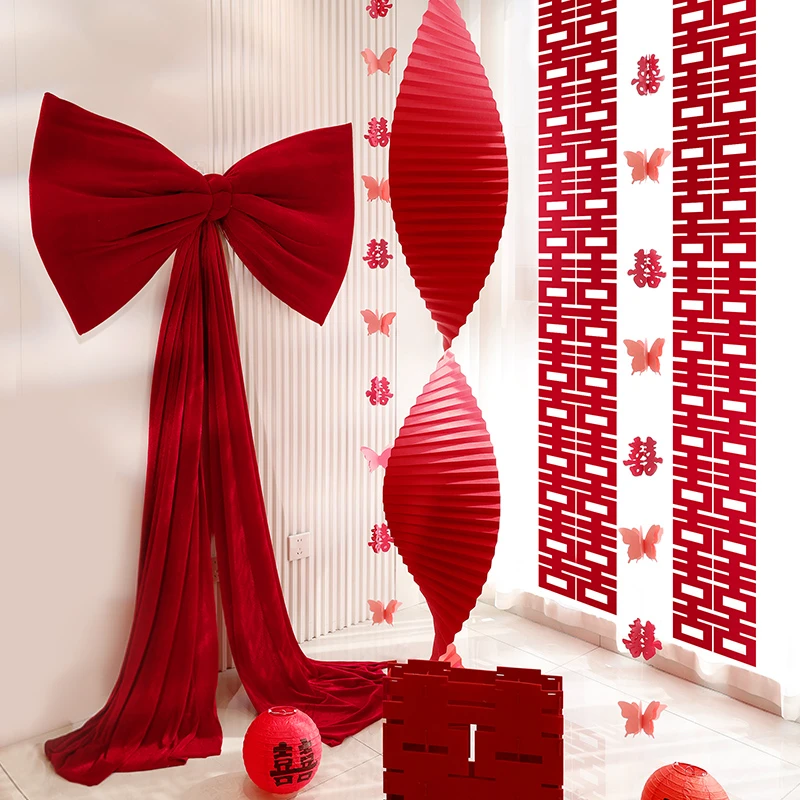 婚房布置装饰巨型大蝴蝶结红丝绒结婚礼卧室拍照打卡高级感背景墙