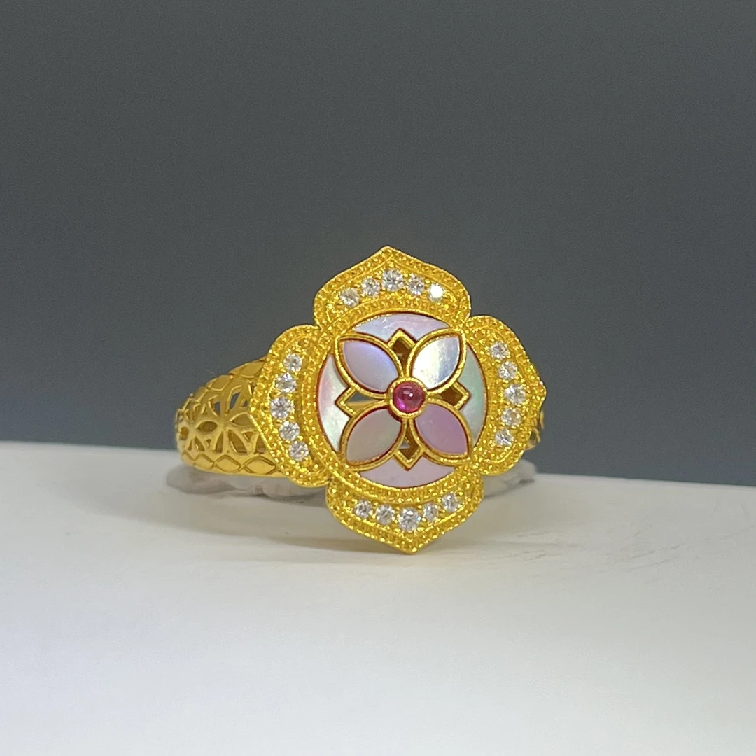 【螺钿花影】高定系列-足金999黄金镂空珍珠镶嵌戒指活口