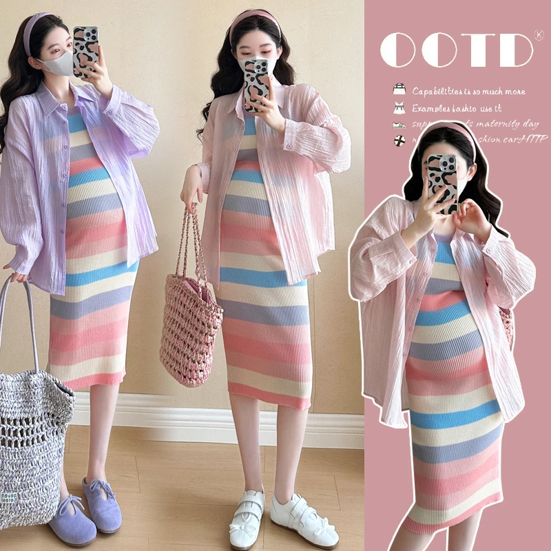 时髦孕妇装2025春夏新款时尚防晒开衫衬衣彩虹时尚减龄显瘦吊带裙