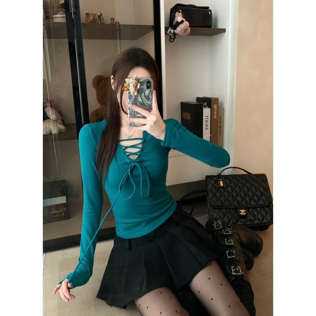 【甜心迷雾】纯欲V领口绑带两色打底衫磨毛上衣女T恤