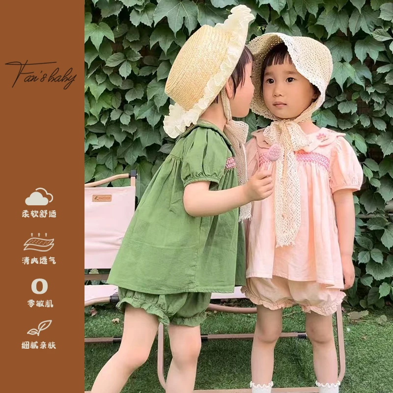 Fansbaby重工花朵刺绣打揽棉麻短袖短裤套装