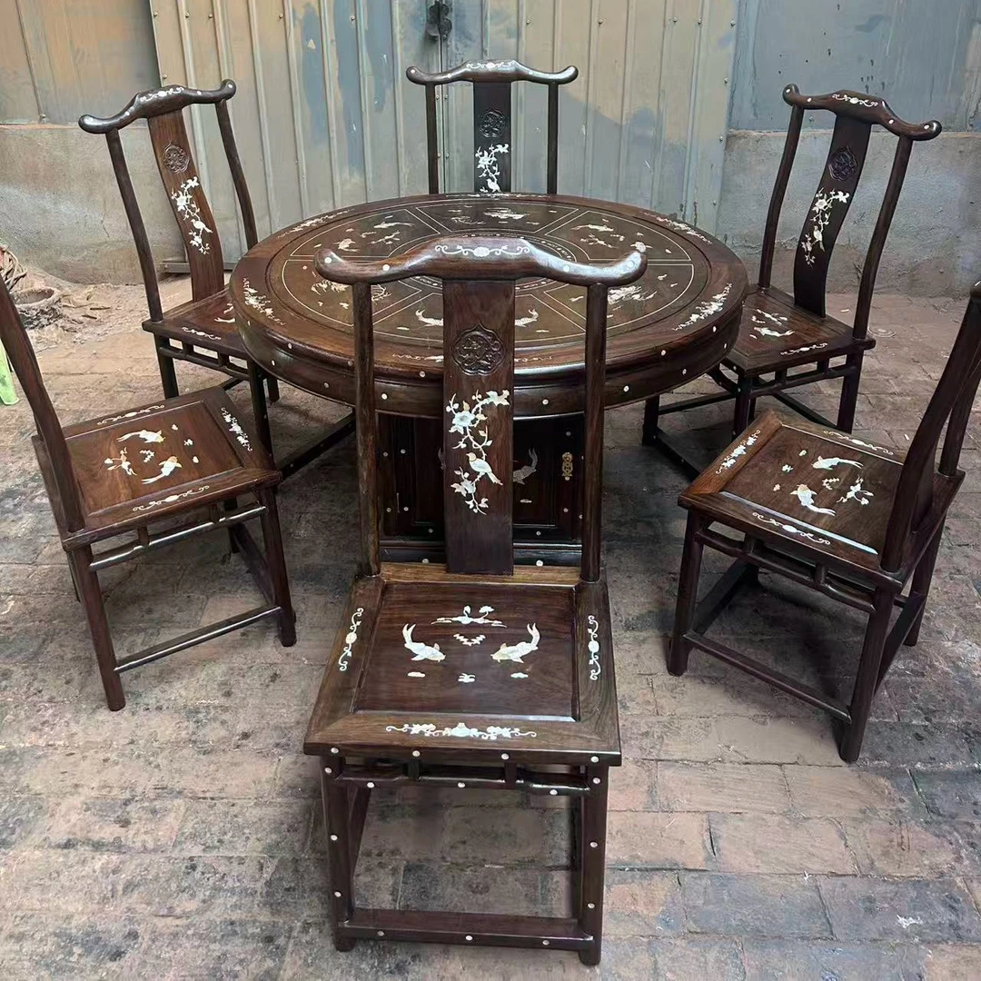 古典仿古家具黑檀木镶嵌贝壳圆桌餐桌椅成套酒店实木榫卯结构