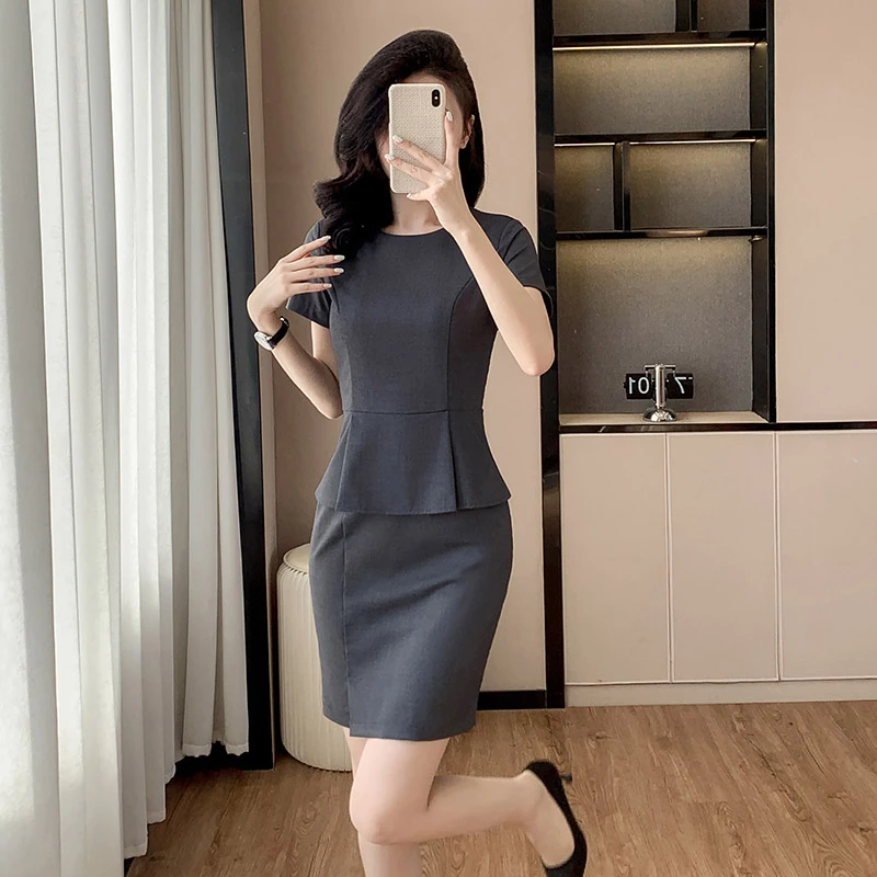 职业装灰色短袖连衣裙女夏季气质工装裙子酒店前台珠宝店工作服女