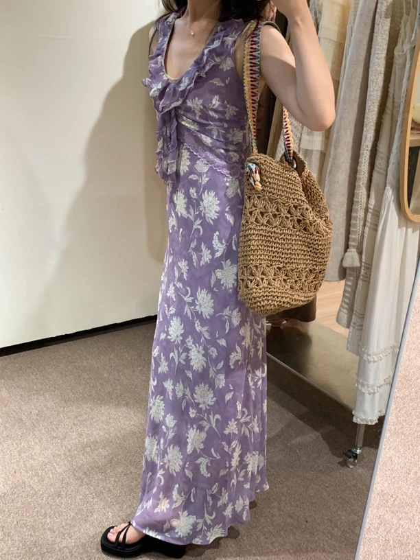 MeetYou私享 紫藤花挂脖系带收腰连衣裙女