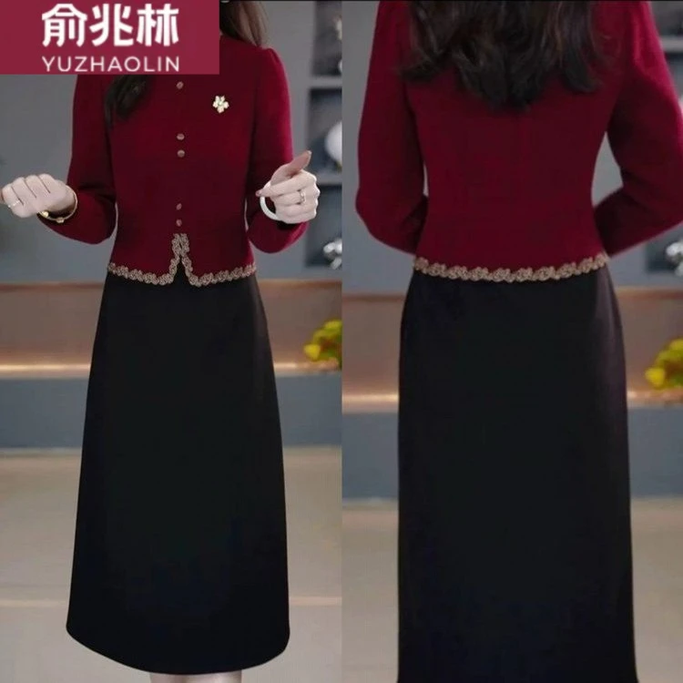 俞兆林春秋新款国风假两件长袖连衣裙妈妈气质收腰遮肚显瘦红色婚