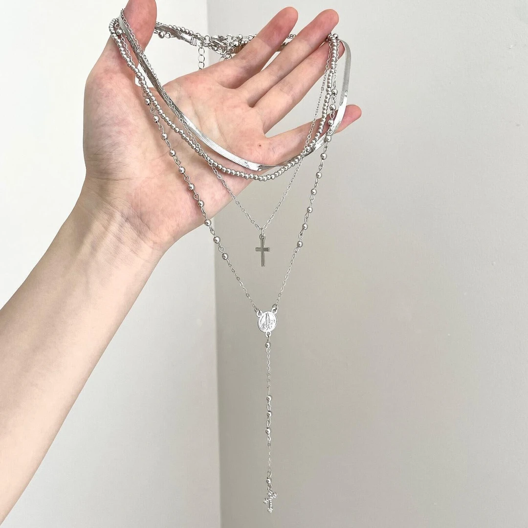 合金项链 「朝雾圣歌」十字架流苏多层叠戴项链小众复古百搭毛衣链
