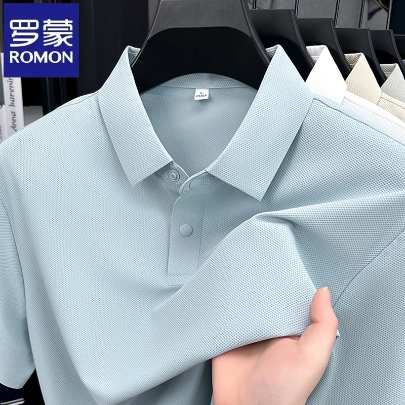 罗蒙休闲男士锦氨无痕短袖POLO衫夏季新款日常百搭简约纯色t恤衫