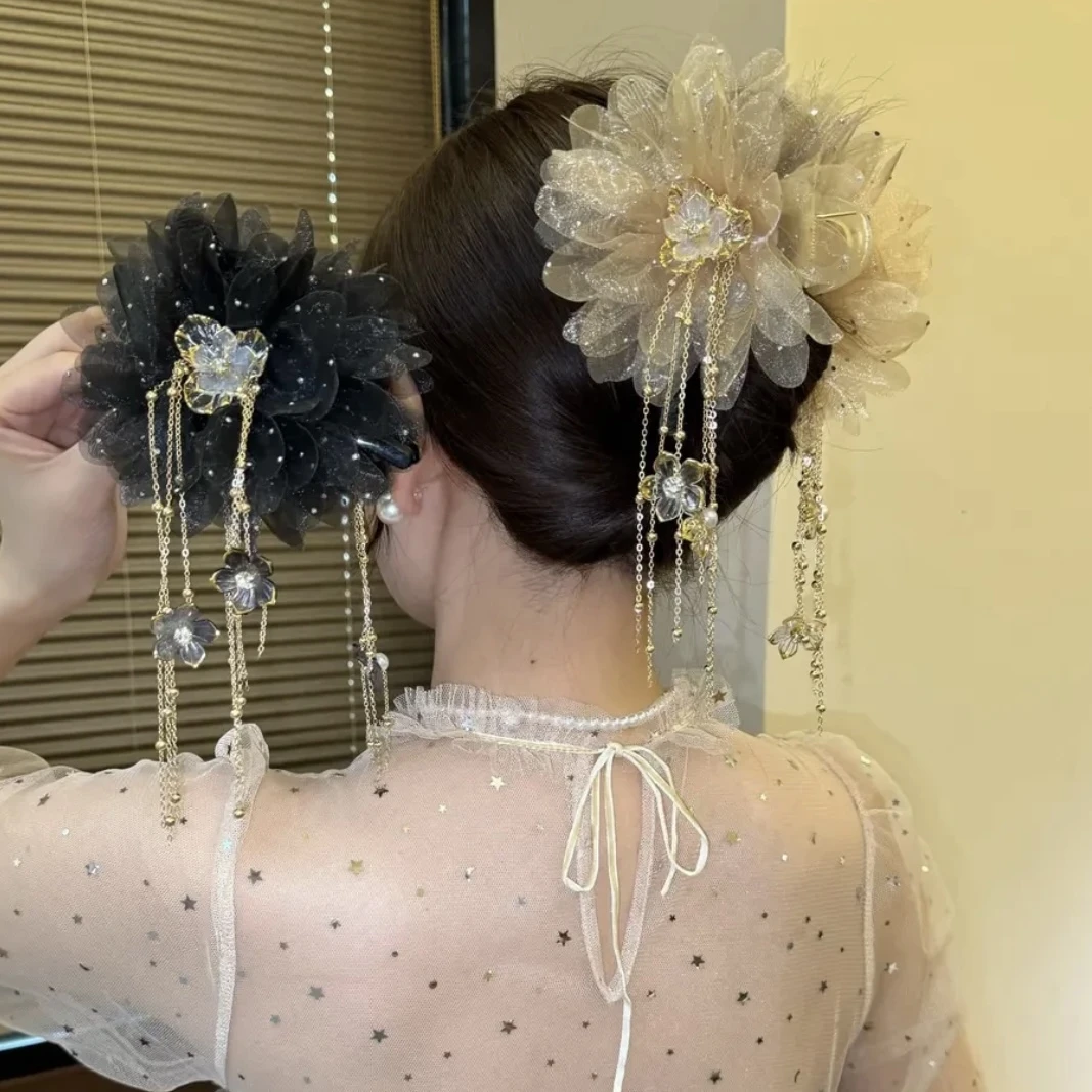 2025春夏新款金枝玉叶流苏抓夹气质百搭显发量鲨鱼夹发饰发夹