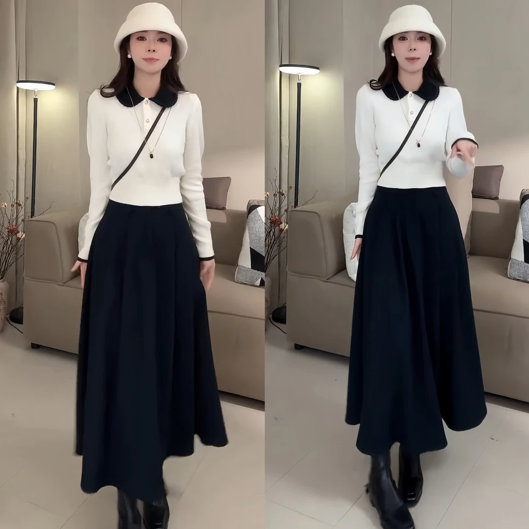 2025秋冬新款轻奢气质时尚高级感舒适撞色长袖上衣百搭长裙套装女