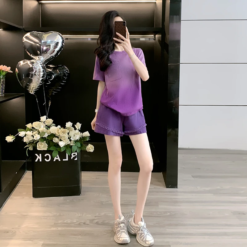 森系渐变色洋气减龄短袖短裤两件套2025夏季新款网红休闲套装女
