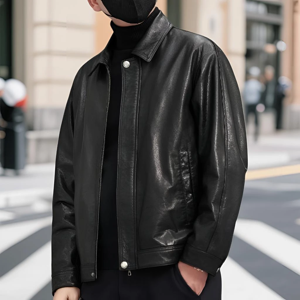 85海宁男款头层小牛皮春秋款港风休闲复古潮流翻领飞行服皮衣