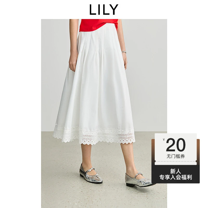 LILY2025春新款小白裙简约宽松不对称花边轻薄半身裙125149C6909