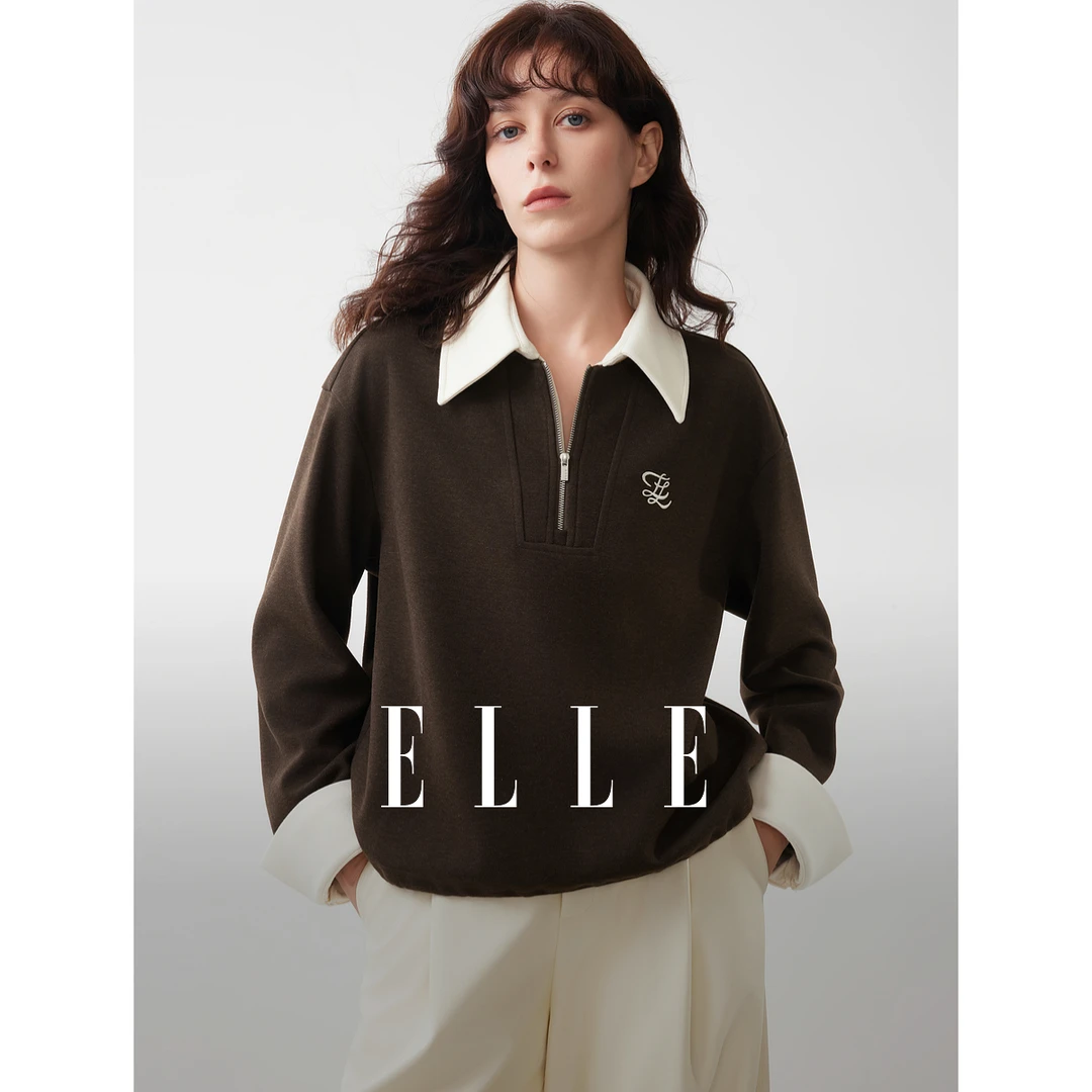 ELLE女装复古醋酸羊毛针织卫衣2025冬季新款宽松休闲上衣EW53239
