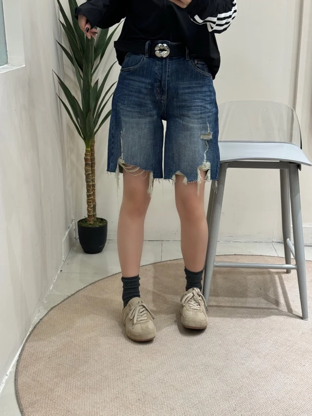 遇见·欧韩夏季女士破洞直筒裤弹力牛仔裤短裤百搭显瘦