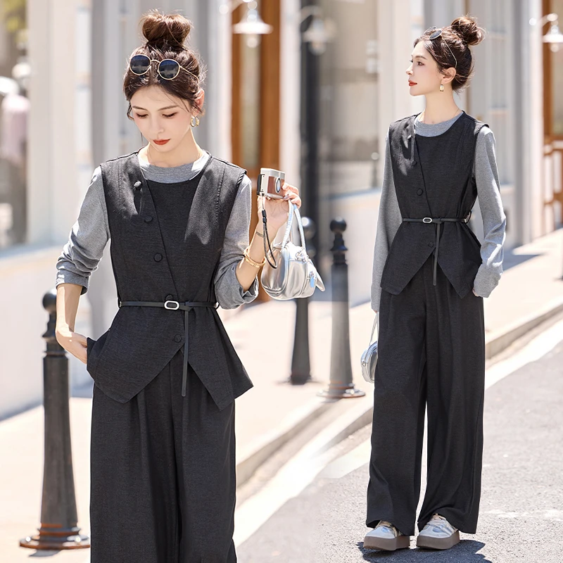韩系气质马甲套装女2025春秋新款设计感系带收腰宽松阔腿裤三件套