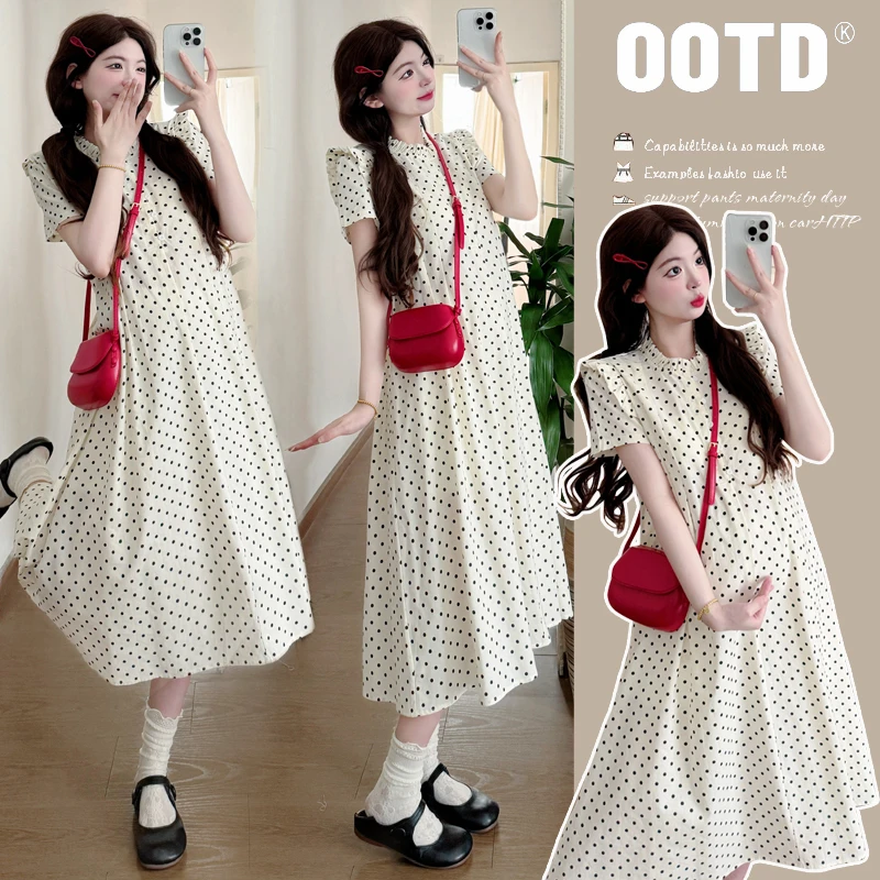 孕妇装2025夏季上新甜美波点开扣可哺乳长款连衣裙