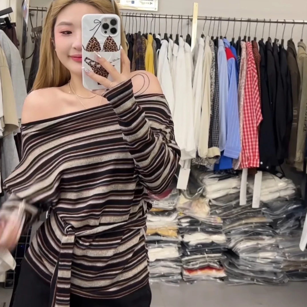 宽松型ins网红打底衫露肩修身长袖条纹竖条纹T恤