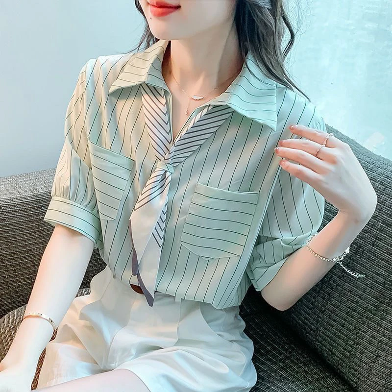 丝巾条纹衬衫女短袖2025新款夏季设计感小众别致口