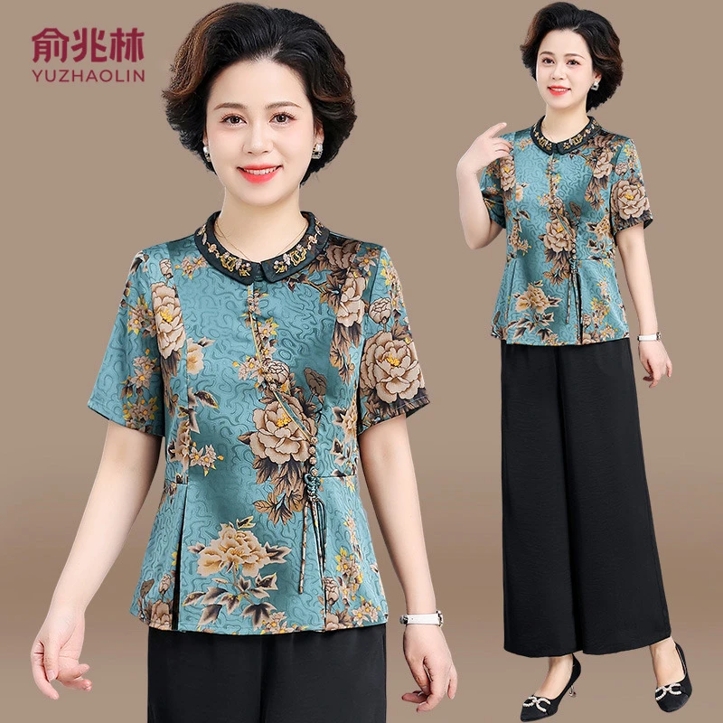 洋气妈妈夏装套装新中式国风小衫中老年女装夏季短袖香云缎上衣服