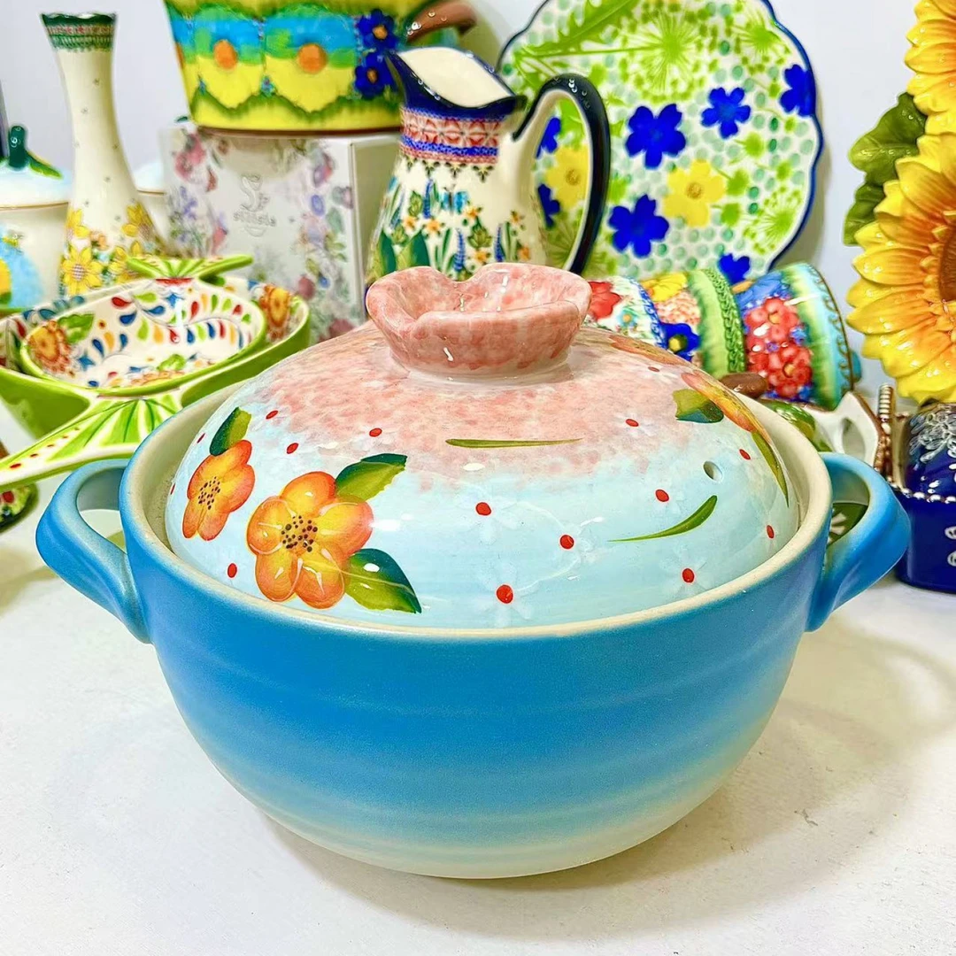 山城蓝樱花日式锂辉石3.5升砂锅可明火