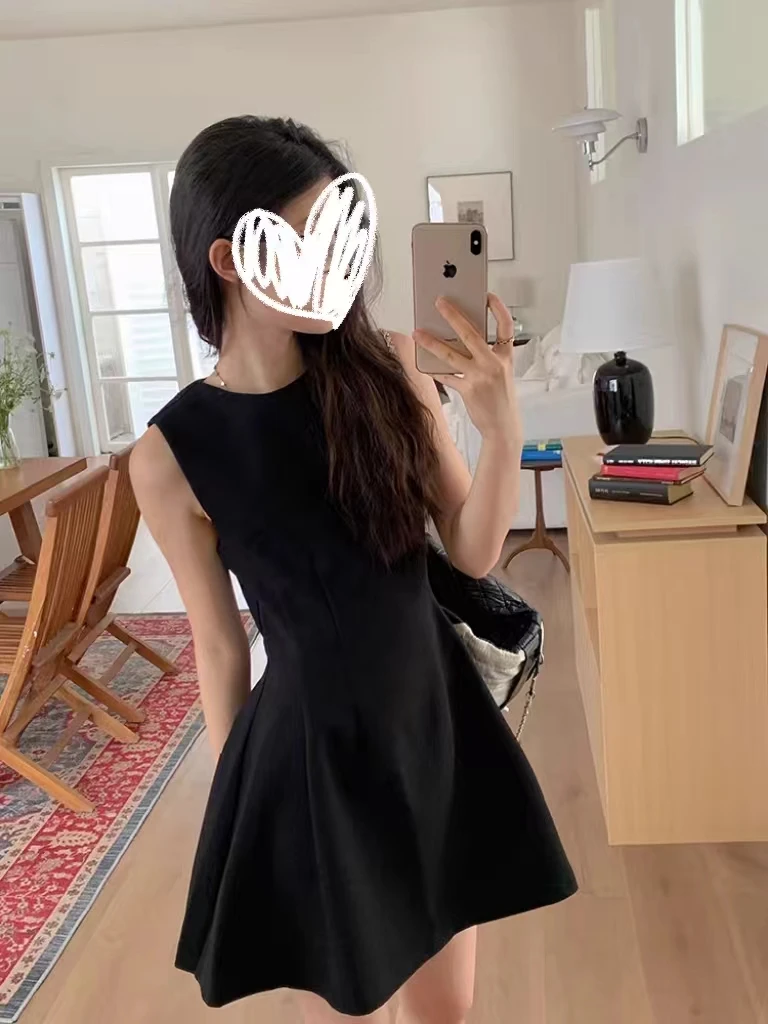 黑色无袖背心女叠穿气质收腰小个子连衣短裙5944