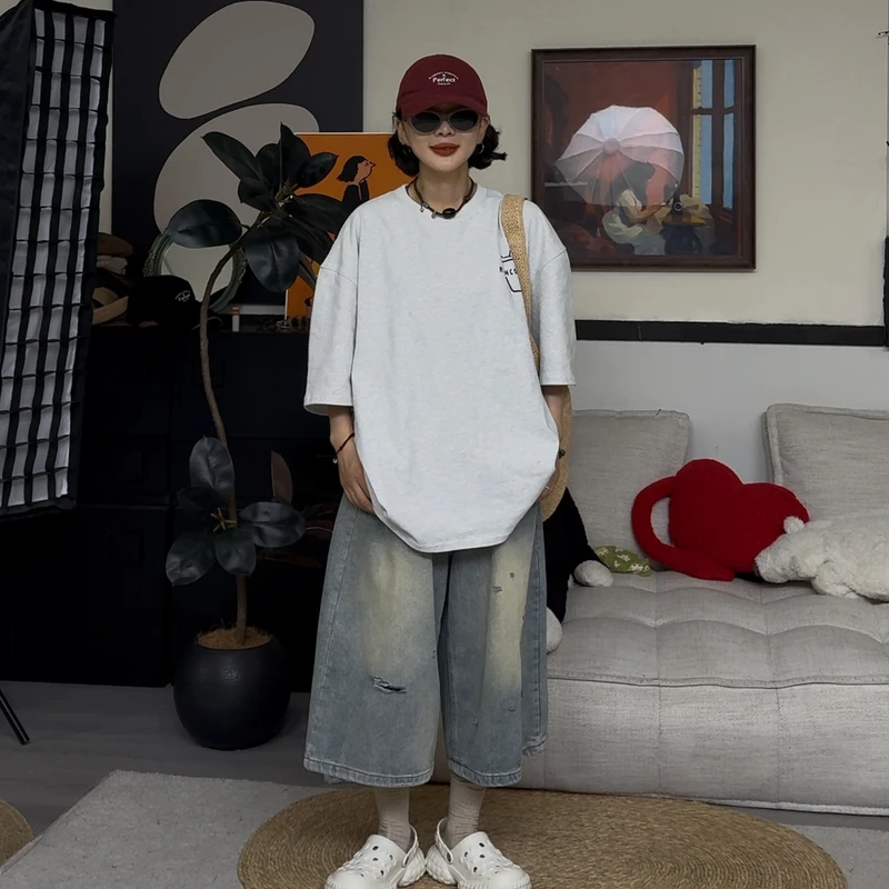 橘子罐头卫卫休闲百搭夏季美式复古情侣印花T恤