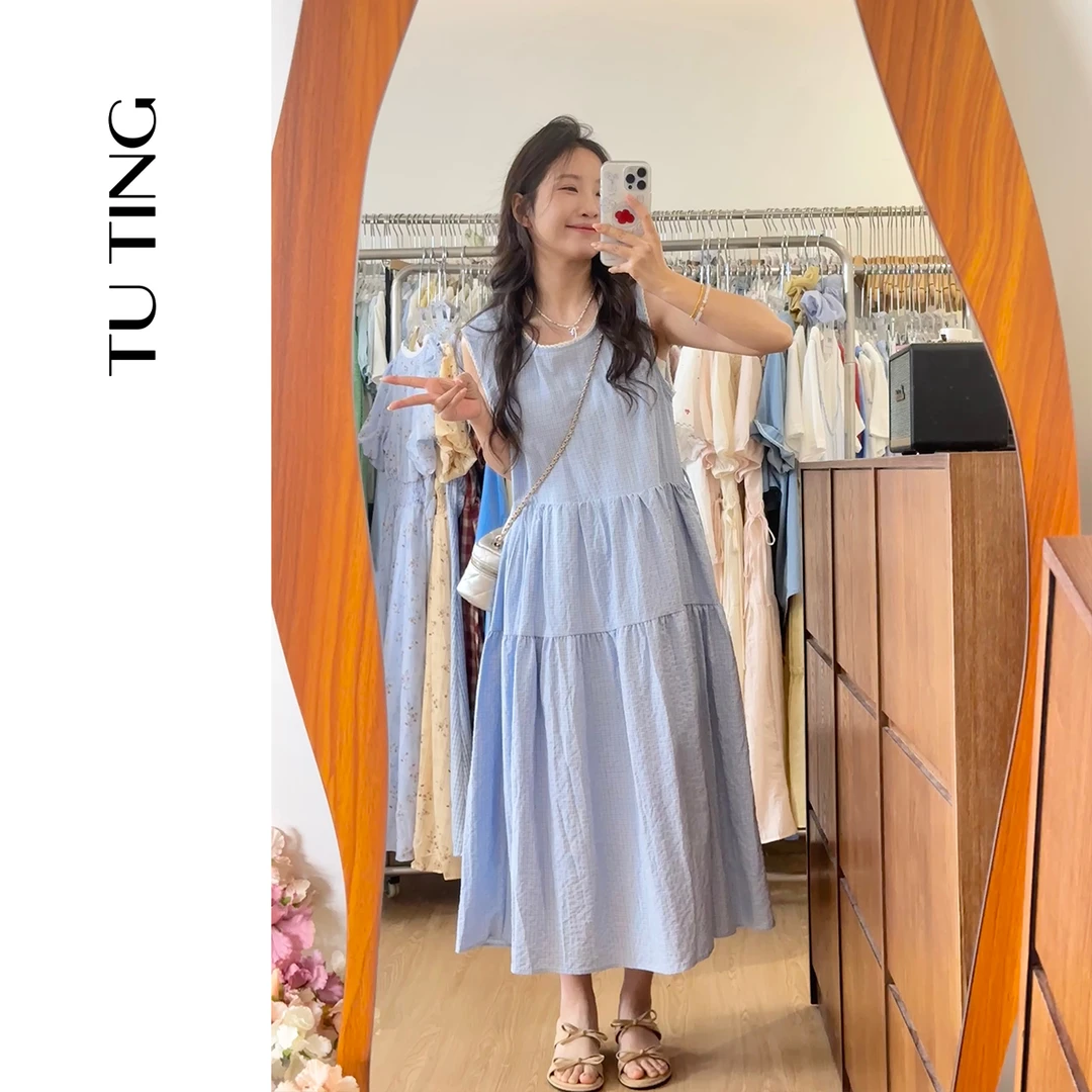 格子长裙中长裙拼接无袖少女风连衣裙韩版夏季幂式穿搭